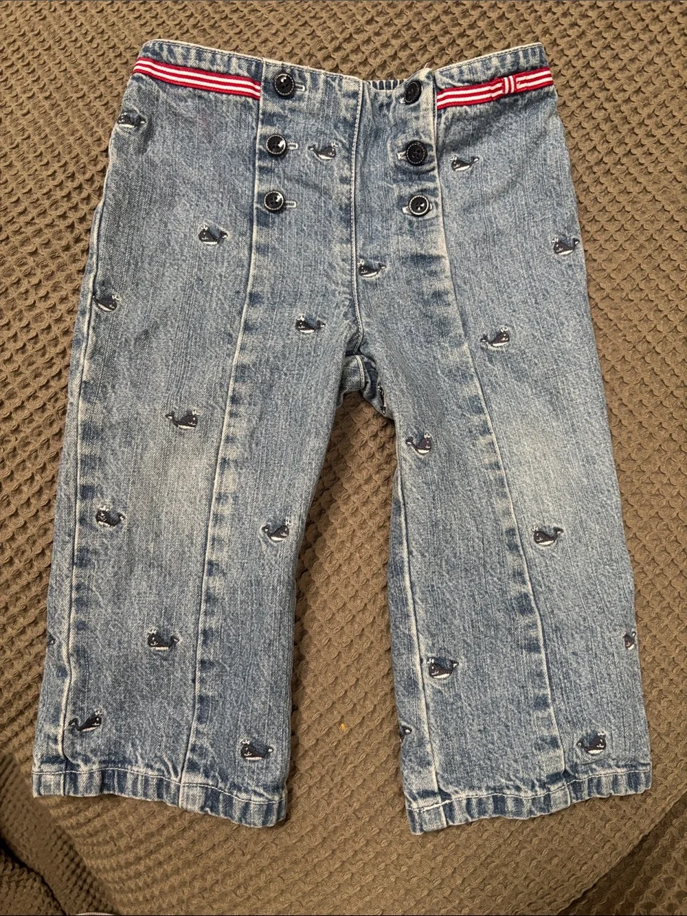 Toddler Whale-Embroidered Denim Jeans with Stripe Waist